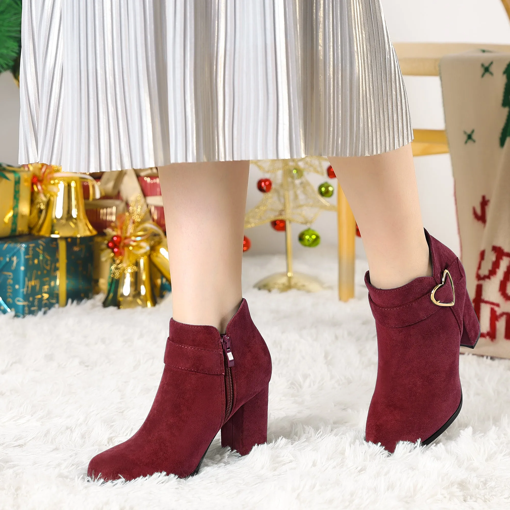 Buckle Side Zip Chunky Heel Ankle Boots