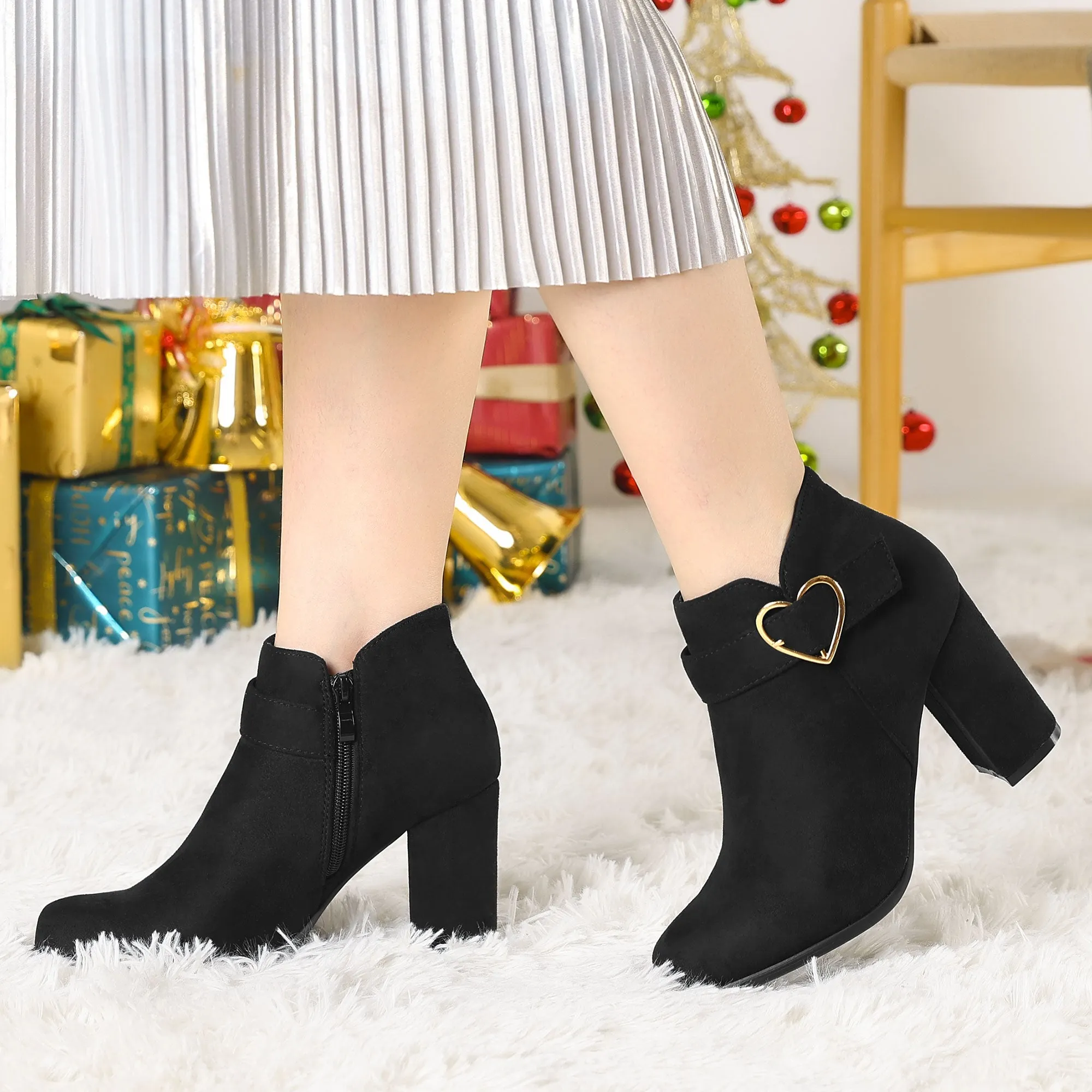 Buckle Side Zip Chunky Heel Ankle Boots