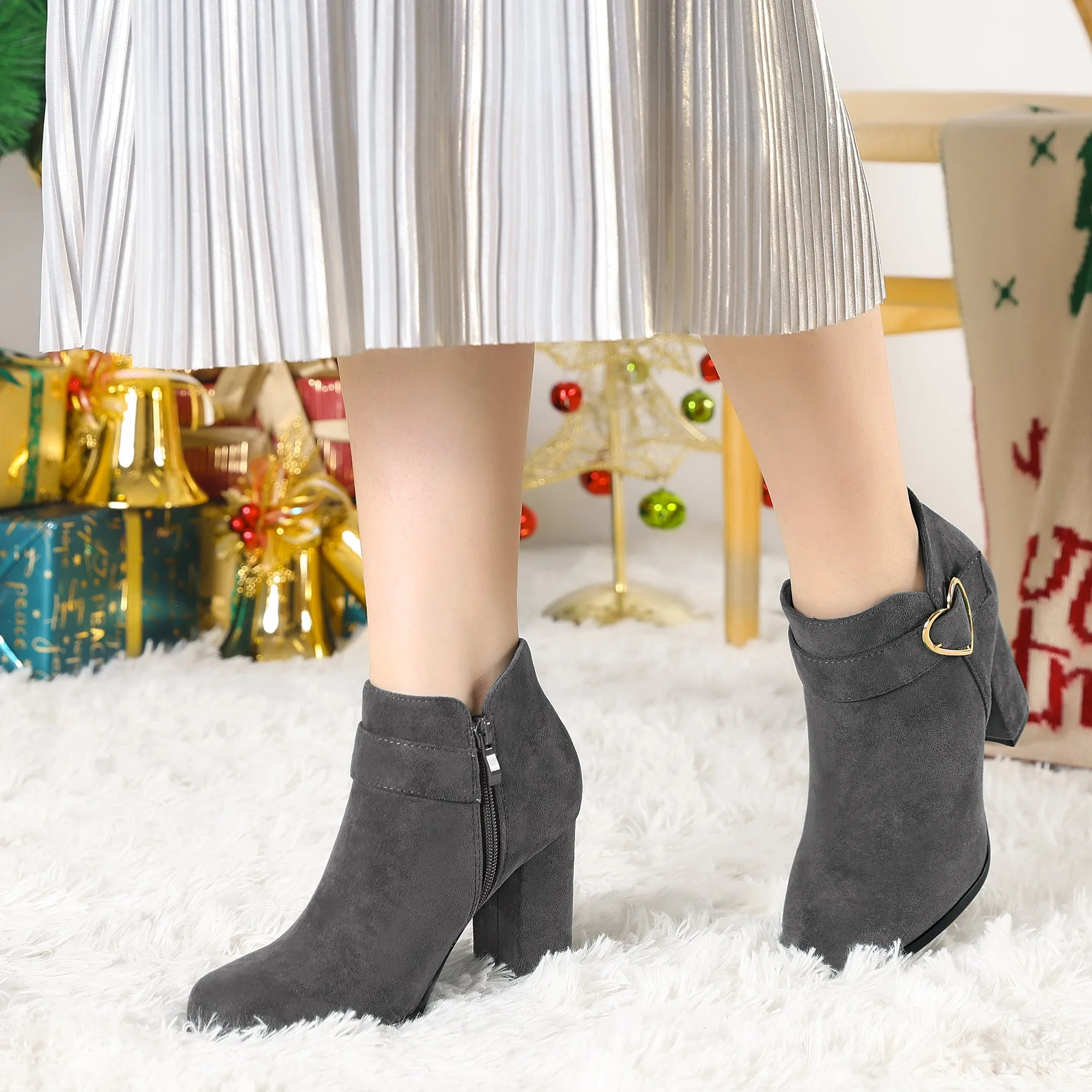 Buckle Side Zip Chunky Heel Ankle Boots