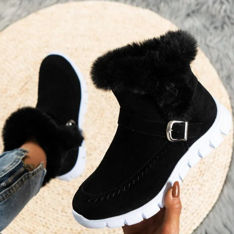 Buckle Strap Plush Fur Ankle Snow Boots