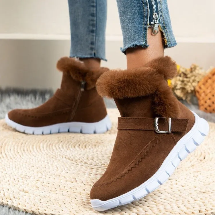 Buckle Strap Plush Fur Ankle Snow Boots