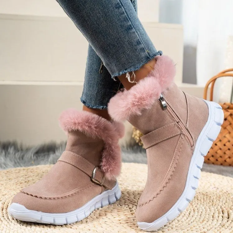 Buckle Strap Plush Fur Ankle Snow Boots