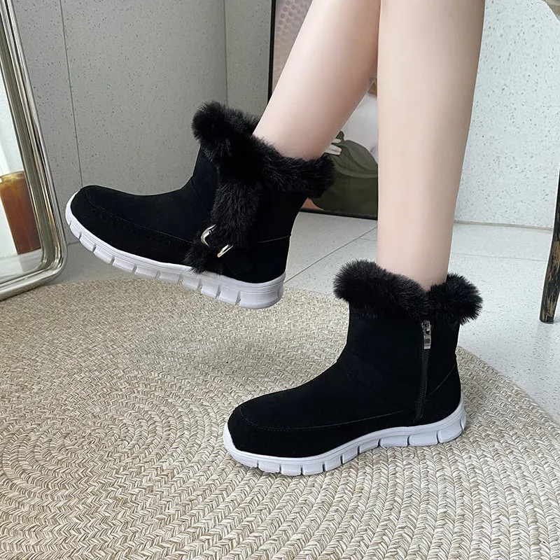 Buckle Strap Plush Fur Ankle Snow Boots