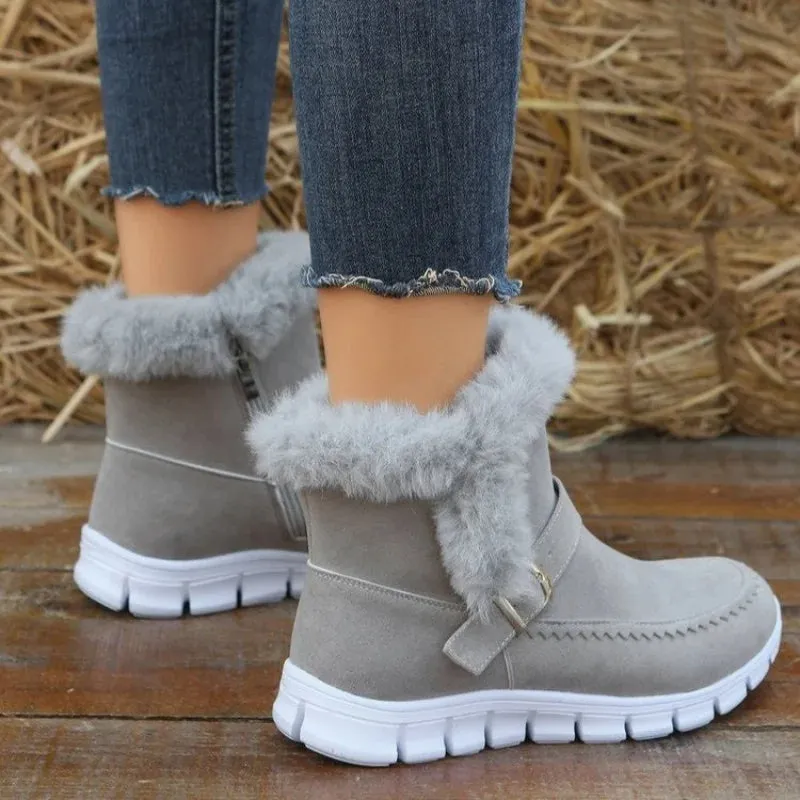 Buckle Strap Plush Fur Ankle Snow Boots