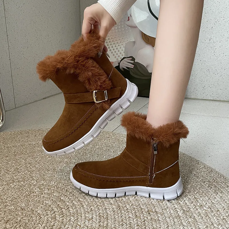 Buckle Strap Plush Fur Ankle Snow Boots