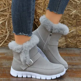 Buckle Strap Plush Fur Ankle Snow Boots