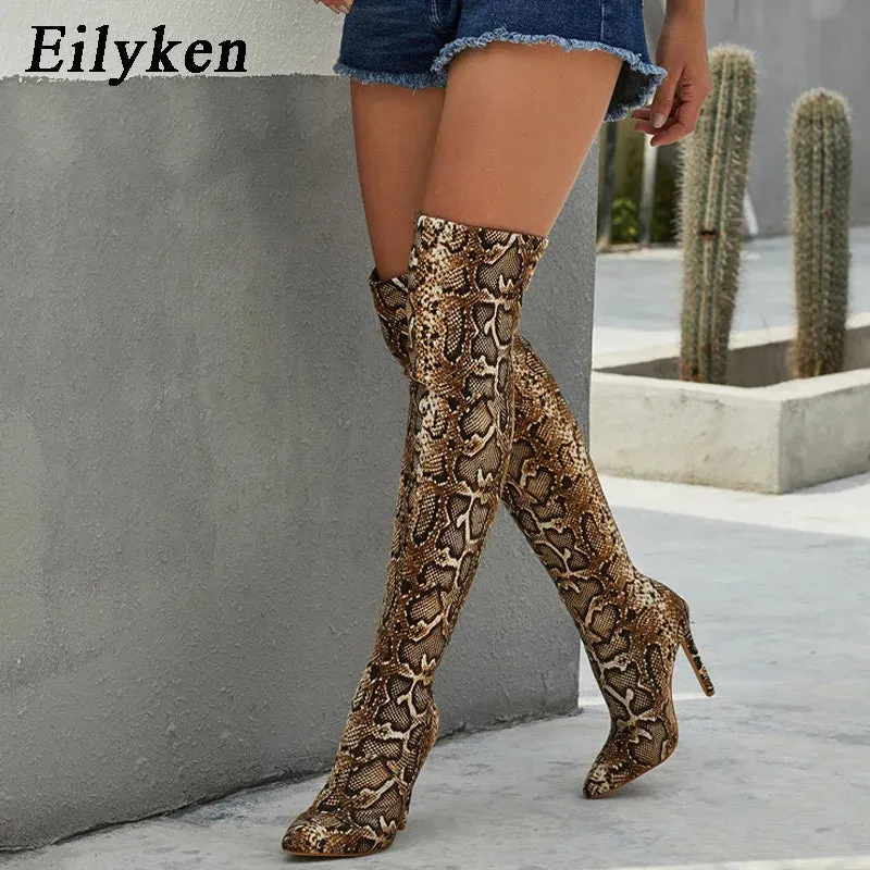 Leopard Grain Serpentine High Heels Long Boots