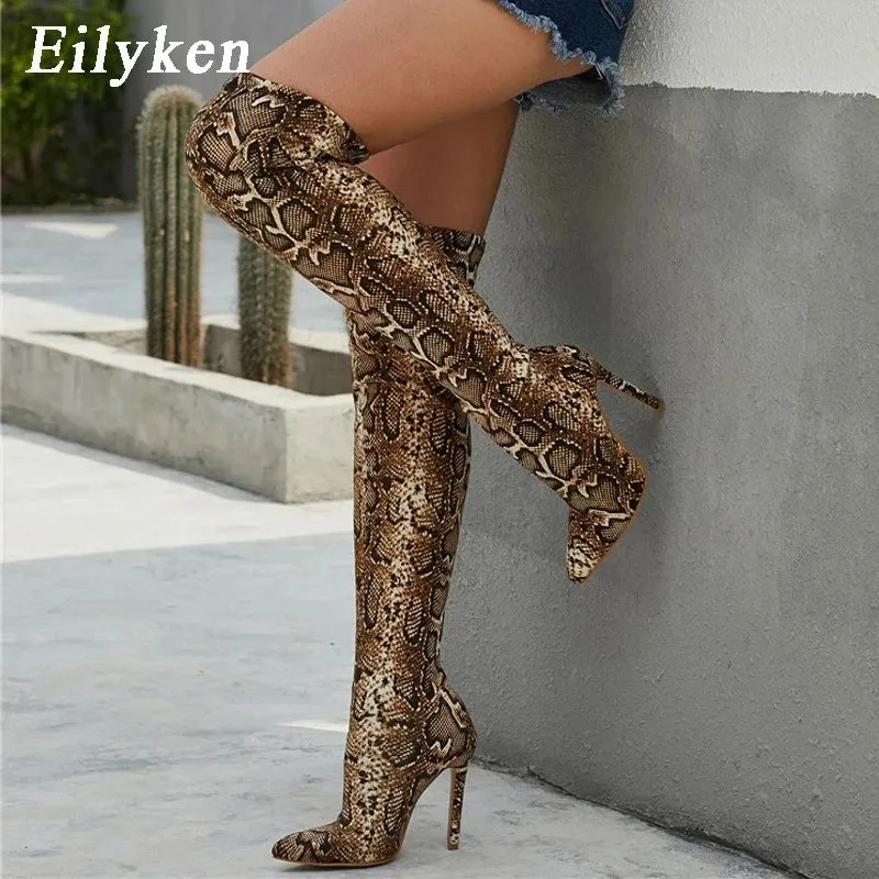 Leopard Grain Serpentine High Heels Long Boots