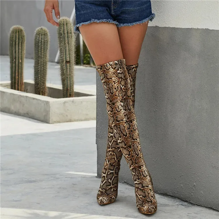 Leopard Grain Serpentine High Heels Long Boots