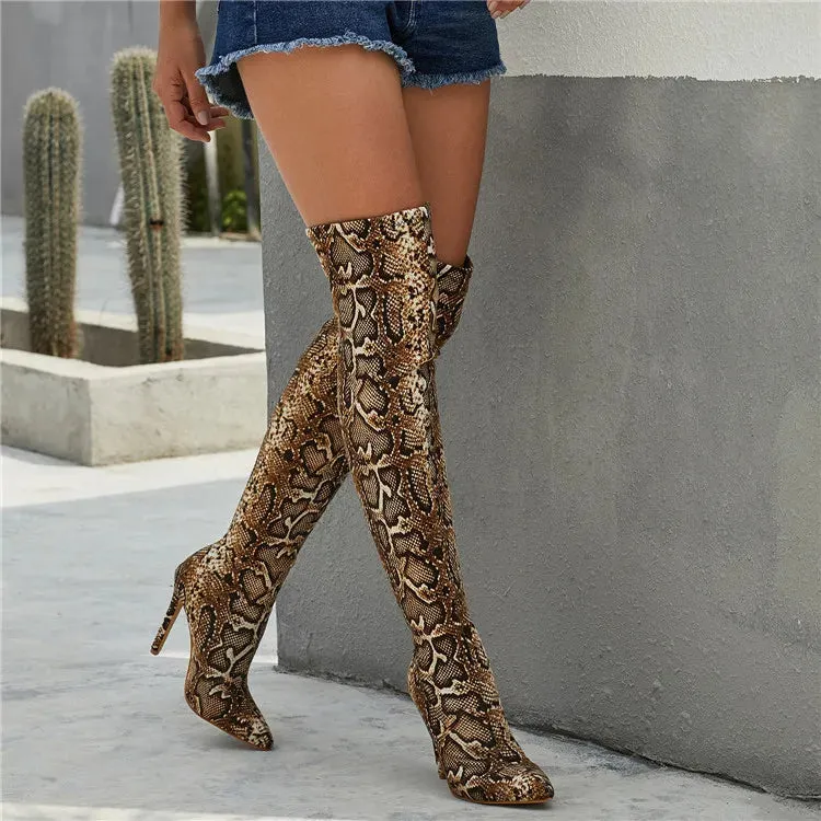 Leopard Grain Serpentine High Heels Long Boots