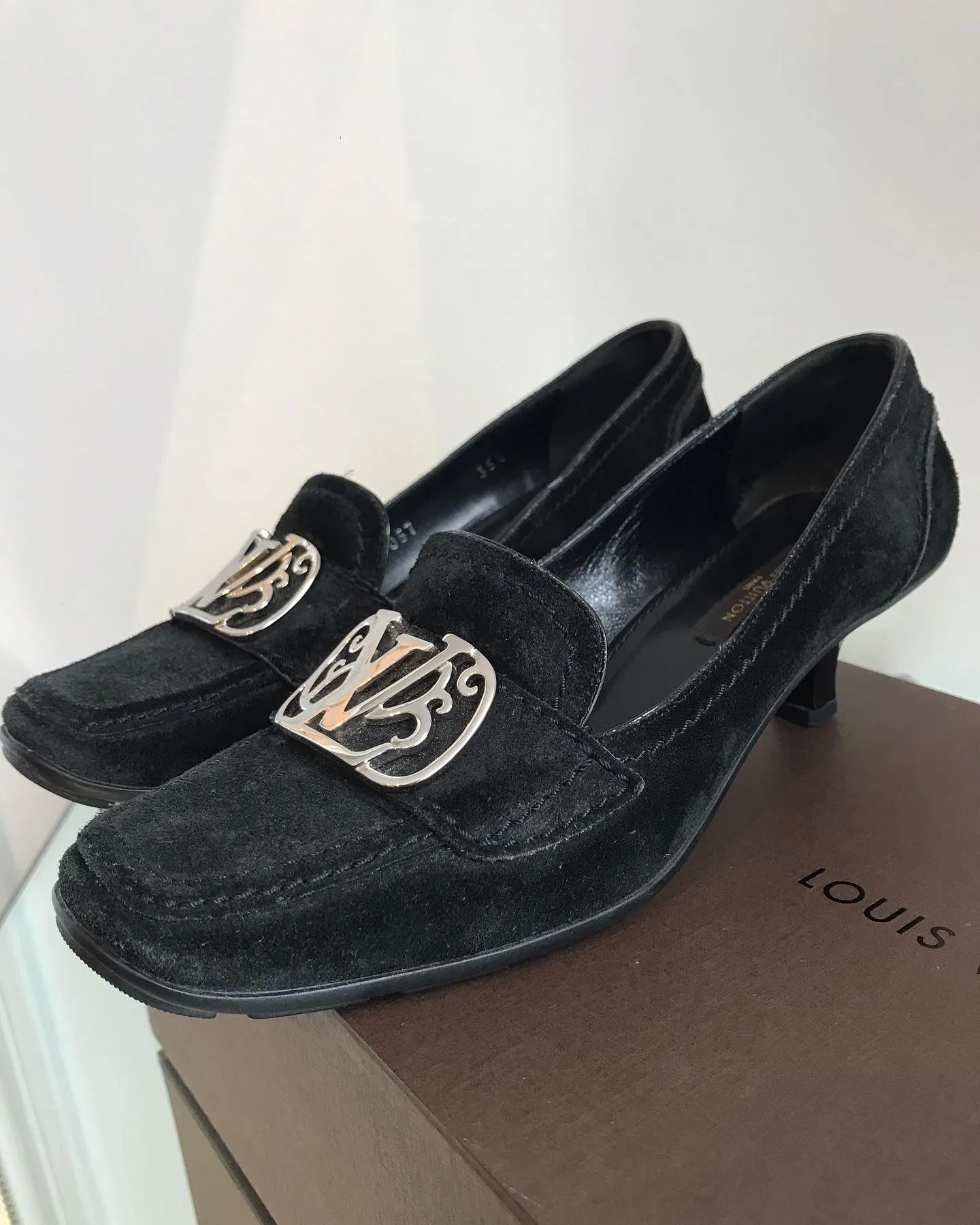 LOUIS VUITTON Suede Kitten Heel Loafers