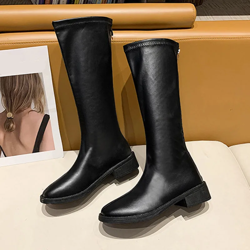 Lucyever Plus Size Pu Leather Knee High Boots Women Autumn Winter Med Heels