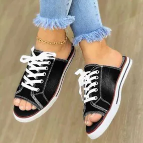 Open Toe Lace-Up Casual Denim Sandals