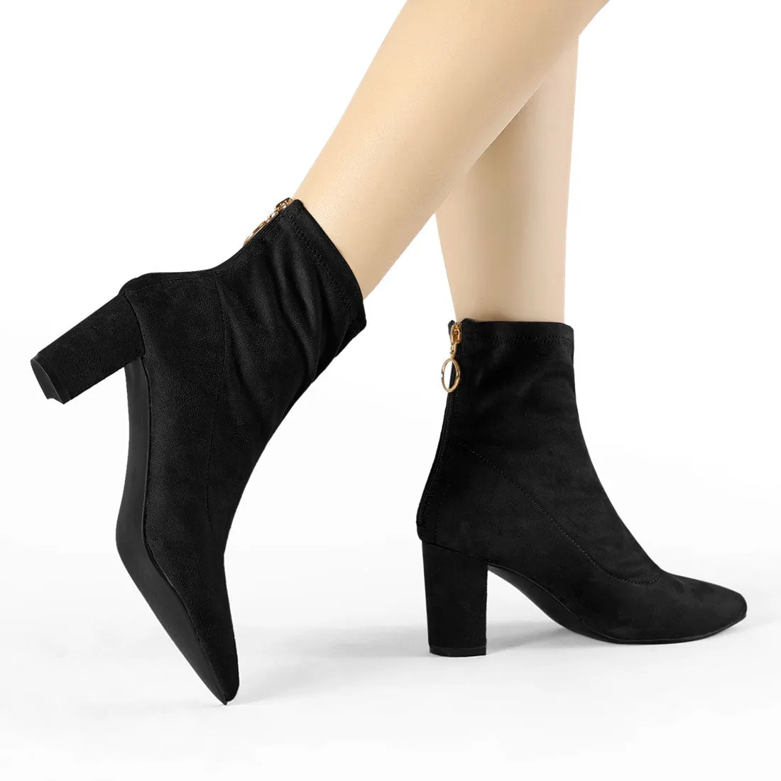 Pointed Toe Zipper Chunky Heel Ankle Boots