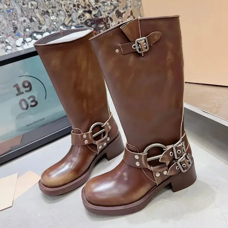 Retro Quality Leather Chunky Heel Mid Calf Boots for Women