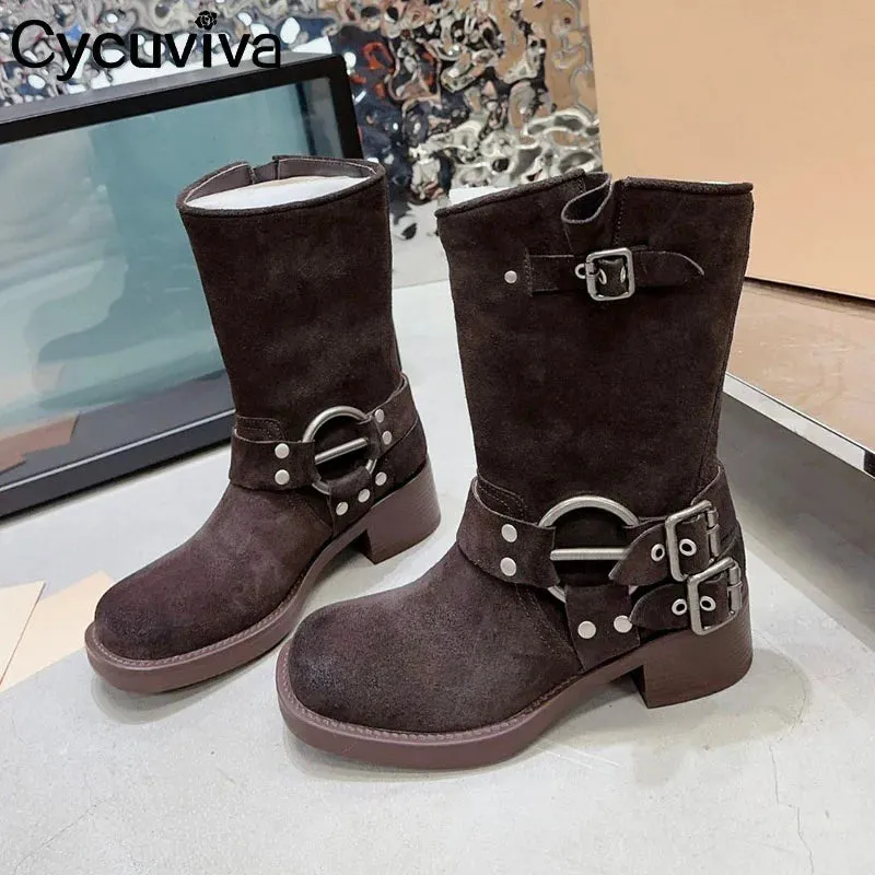 Retro Quality Leather Chunky Heel Mid Calf Boots for Women