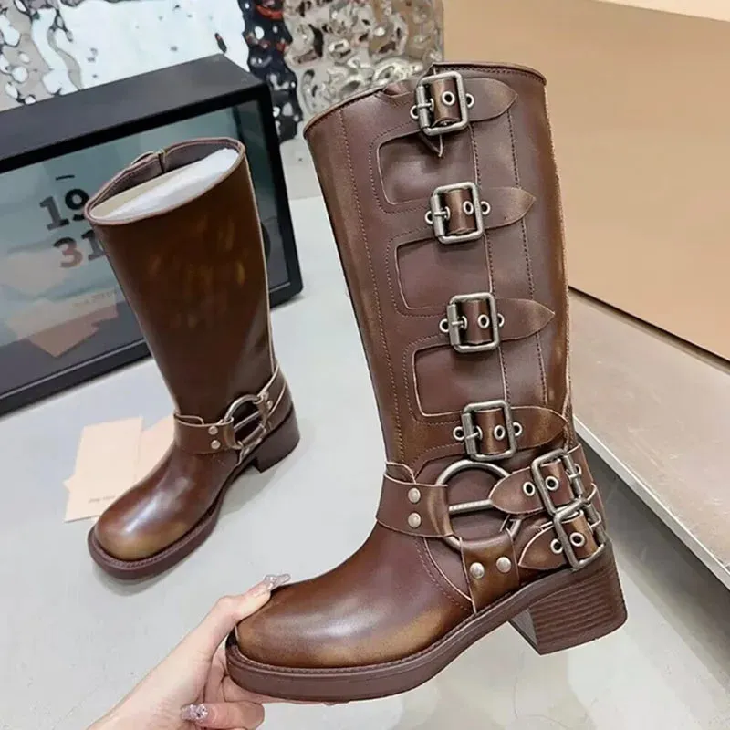 Retro Quality Leather Chunky Heel Mid Calf Boots for Women