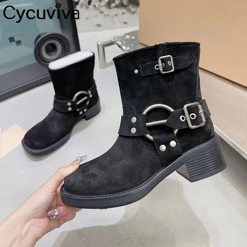 Retro Quality Leather Chunky Heel Mid Calf Boots for Women