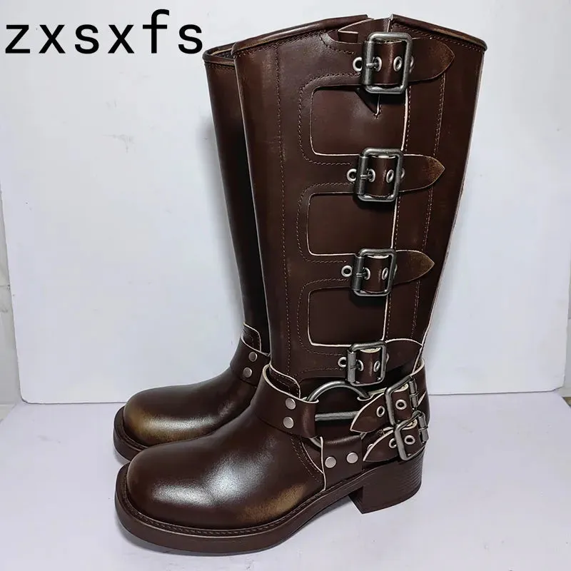 Retro Quality Leather Chunky Heel Mid Calf Boots for Women