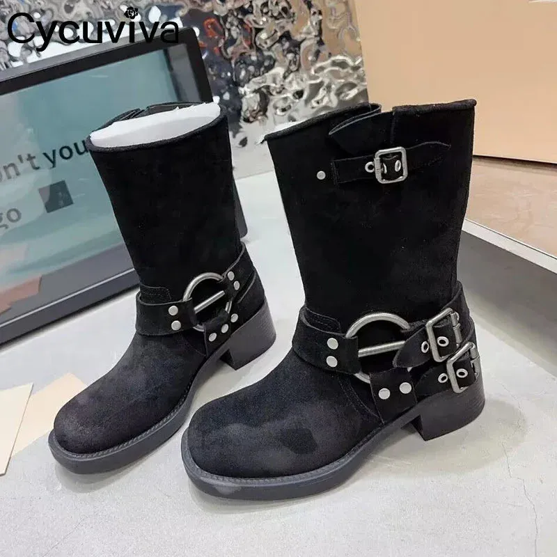 Retro Quality Leather Chunky Heel Mid Calf Boots for Women