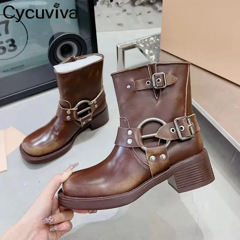 Retro Quality Leather Chunky Heel Mid Calf Boots for Women