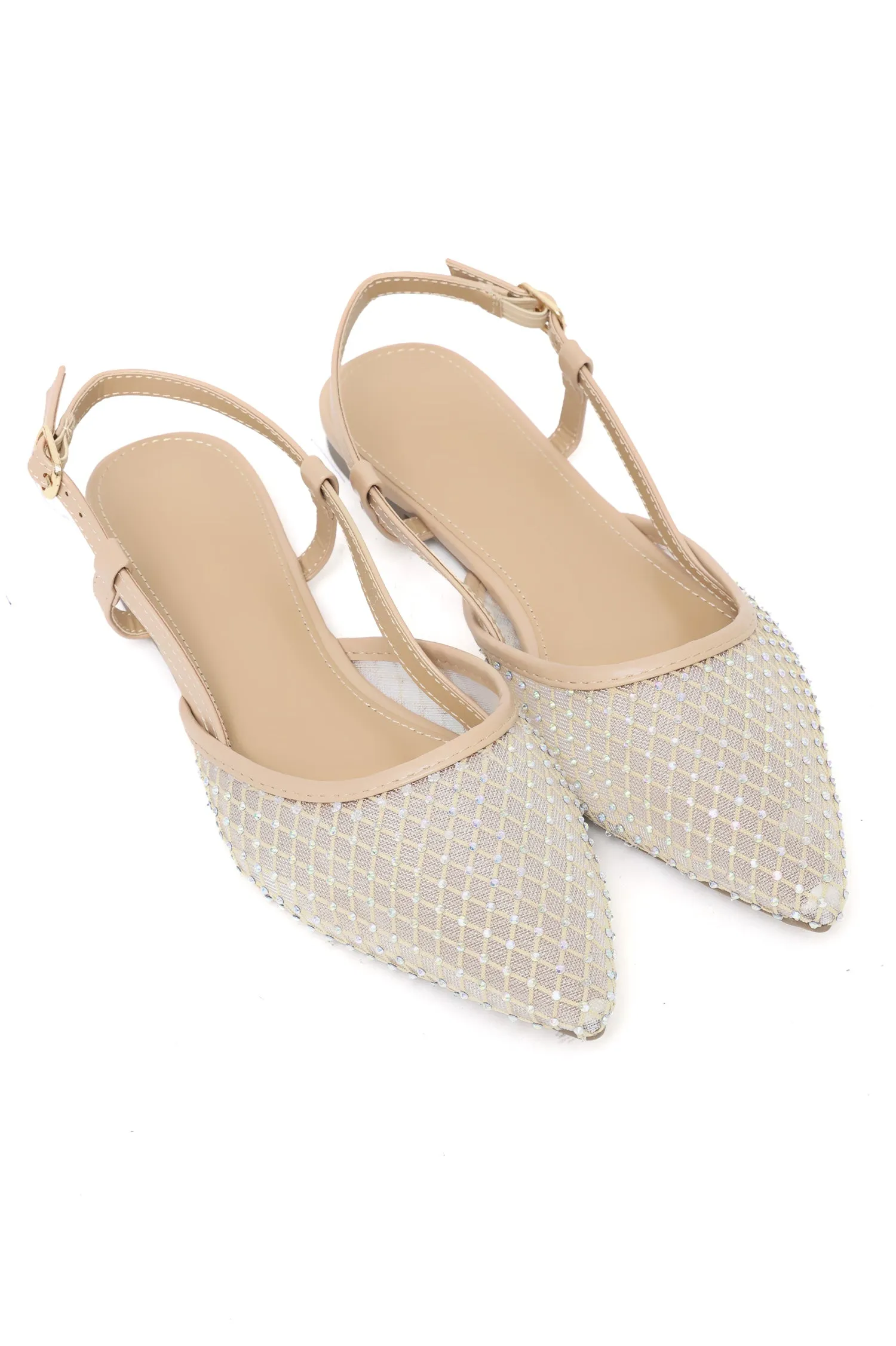 RHINESTONE MESH SLINGBACK FLATS-BEIGE