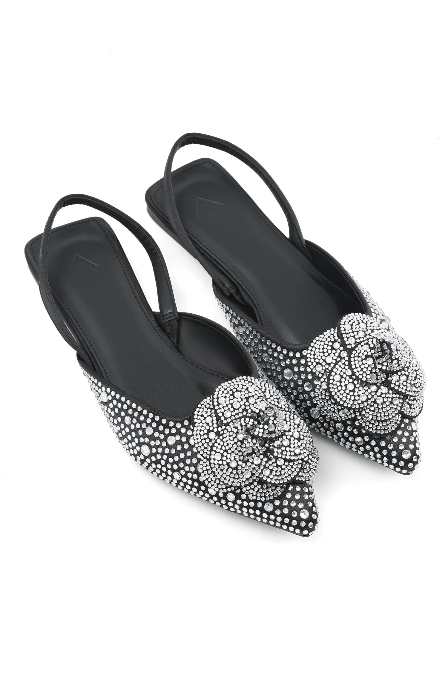 ROSE-EMBELLISHED SLINGBACK FLATS-BLACK