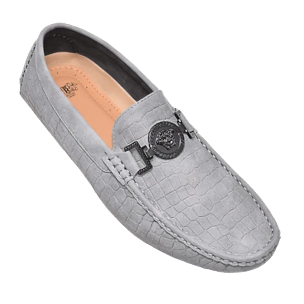 Royal shoes grey loafer men's black printed suede leather with metal buckle