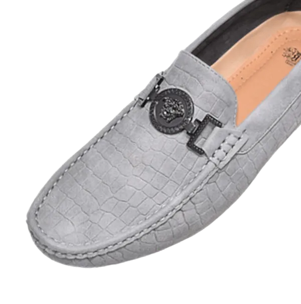 Royal shoes grey loafer men's black printed suede leather with metal buckle