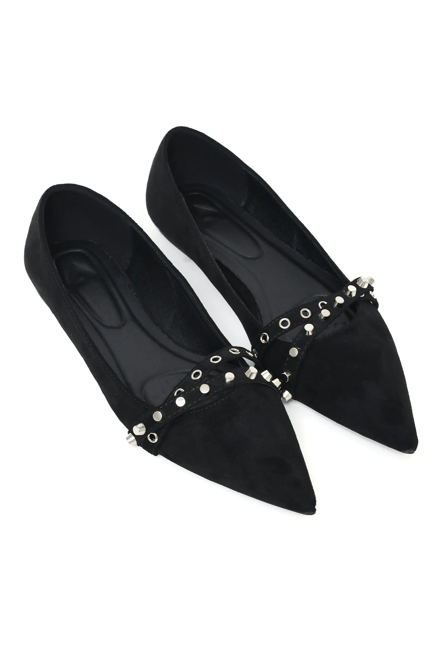 STUDDED SUEDE POINTED FLATS-BLACK