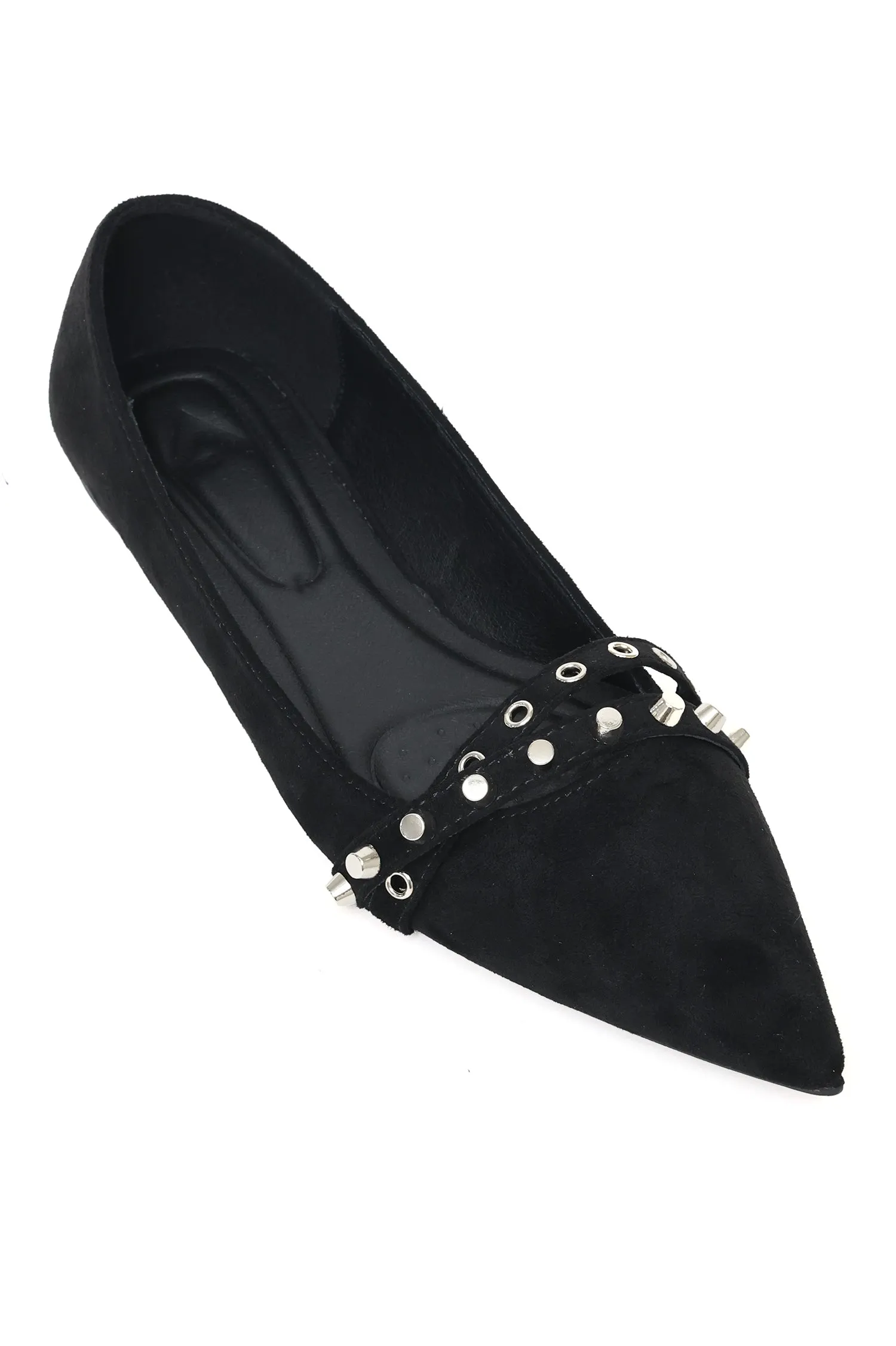 STUDDED SUEDE POINTED FLATS-BLACK