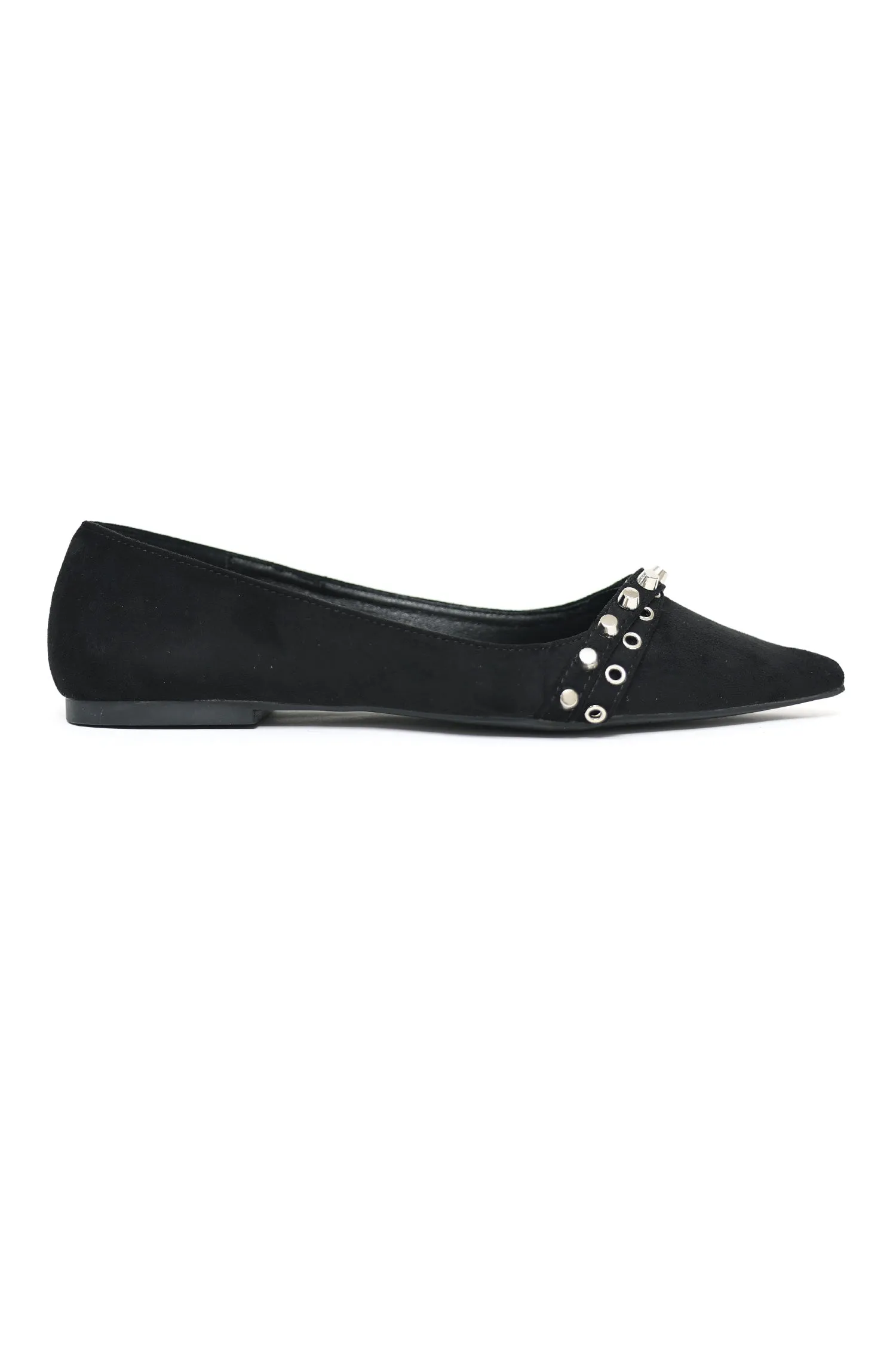 STUDDED SUEDE POINTED FLATS-BLACK