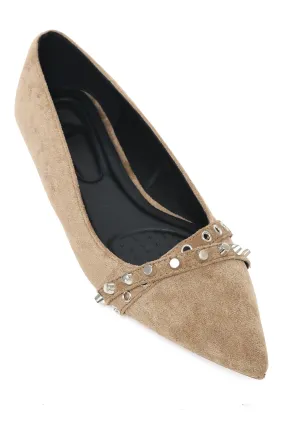 STUDDED SUEDE POINTED FLATS-KHAKI