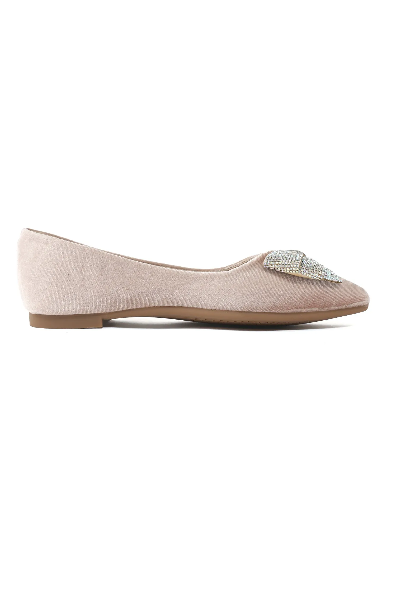 VELVET CRYSTAL BOW FLATS-BEIGE