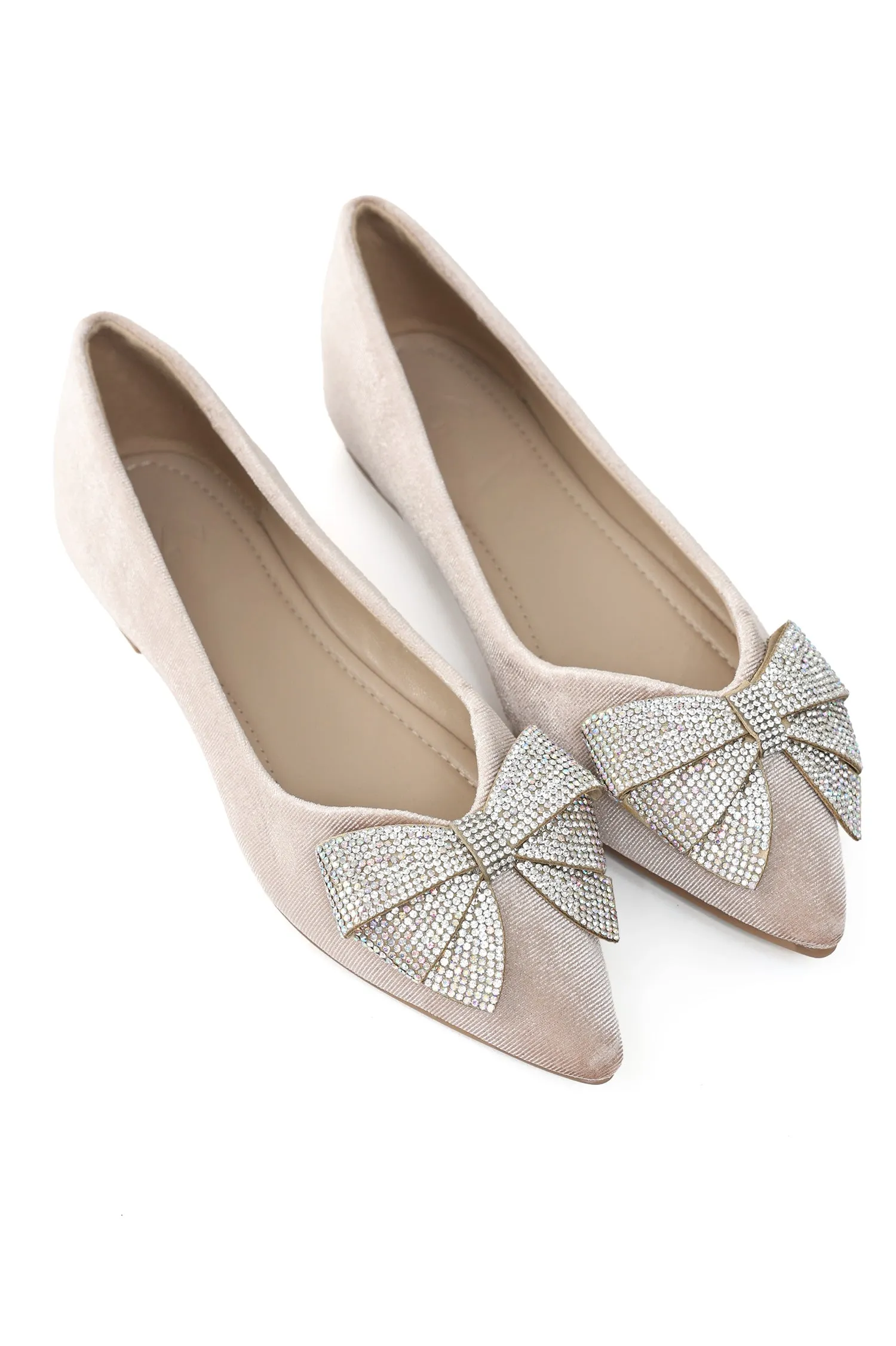 VELVET CRYSTAL BOW FLATS-BEIGE